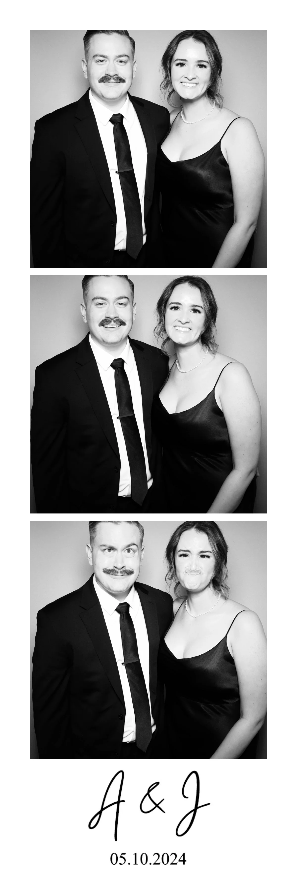 Black and white photo booth strip with three images of a man in a suit and tie and a woman in a black dress with spaghetti straps, smiling and making funny faces; includes text "A & J" and date "05.10.2024" at bottom.