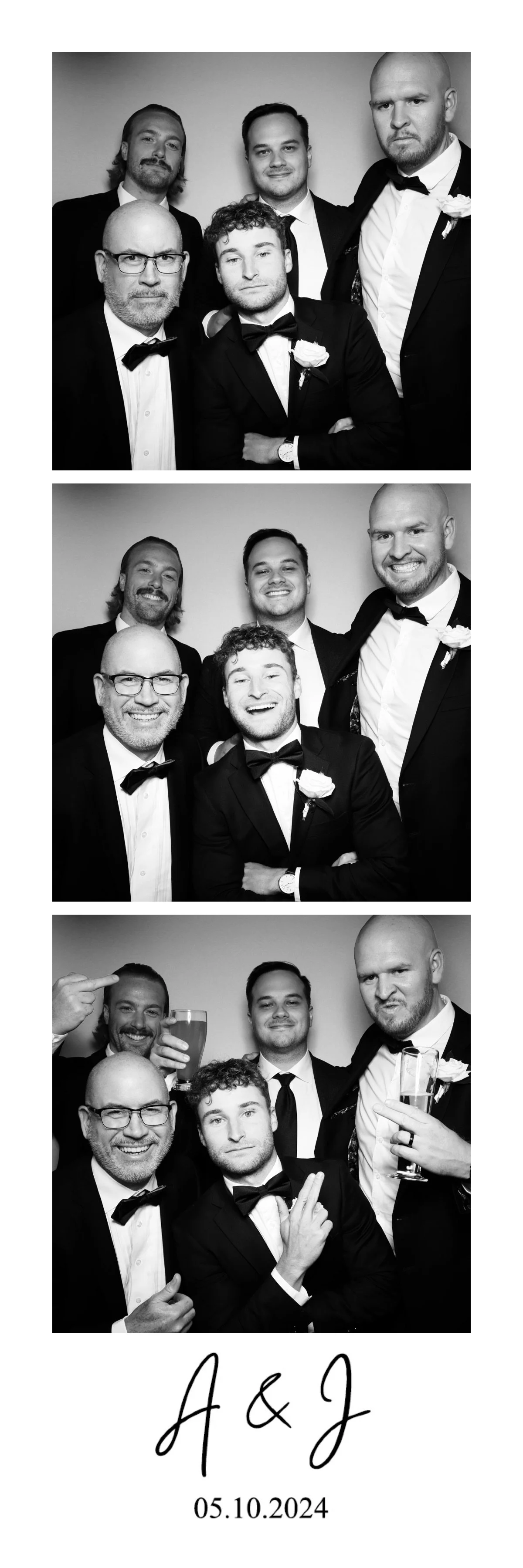A black and white photo booth strip with three pictures of five men dressed in tuxedos with bow ties, celebrating at a wedding. The first image shows the group standing serious; the second shows them smiling and laughing; the third features them maki