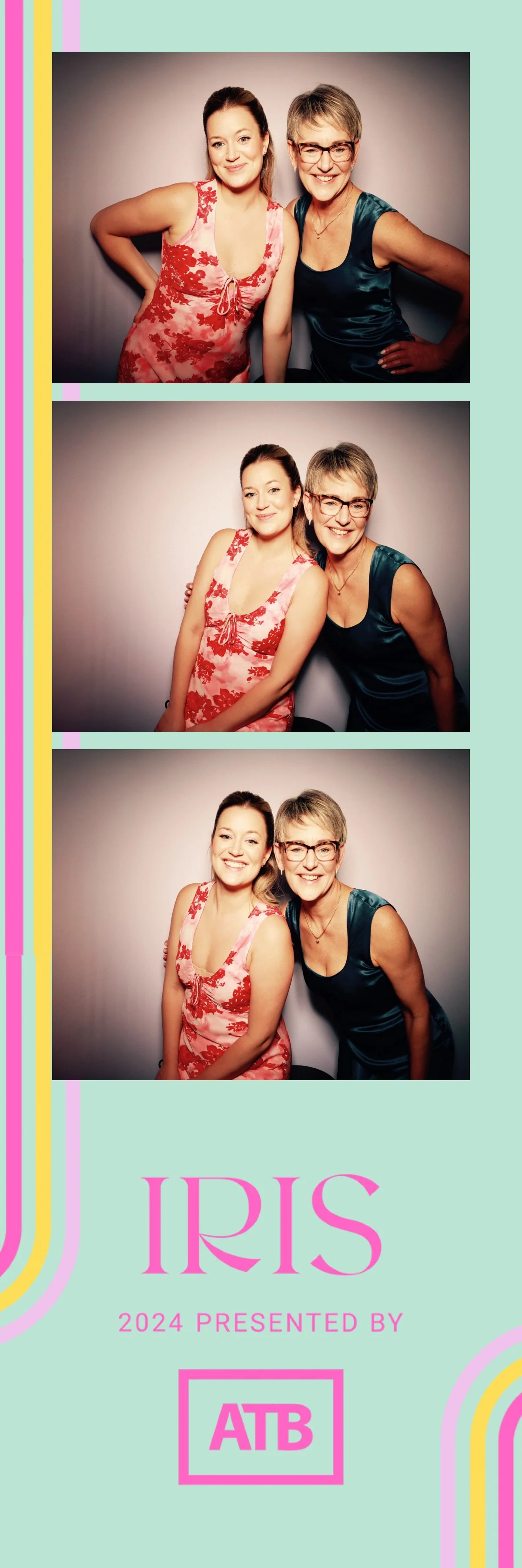 There are three photos of two women, one with long brown hair in a floral red and pink dress, and the other with short gray hair, glasses, and a sleeveless dark teal dress. They are smiling and posing together against a plain background.