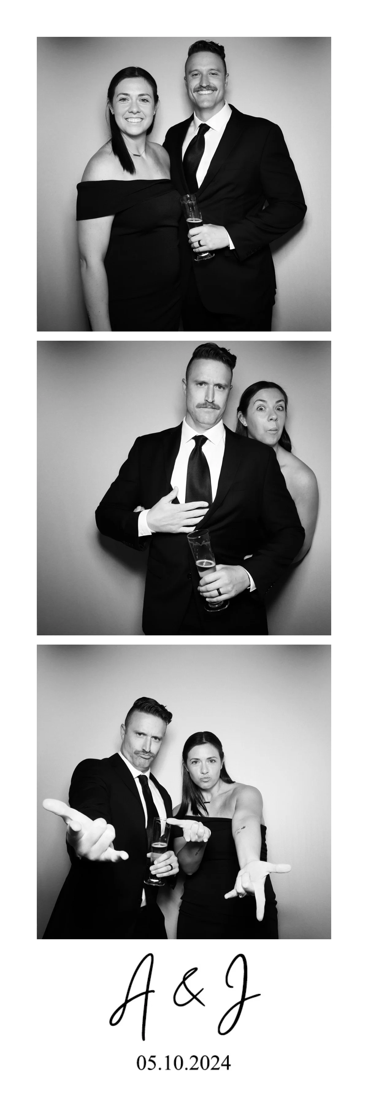 Black and white photo strip of three couples at a formal event, holding drinks and making playful gestures, with a decorative script at the bottom reading "A & J" and the date "05.10.2024".