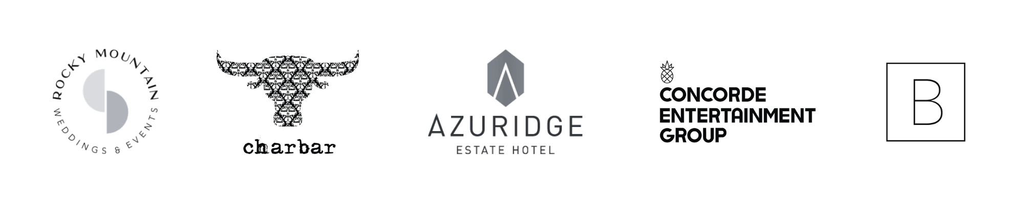 Logos of different companies including Aveda, Charbar, Azuridge Estate Hotel, Concorde Entertainment Group, and a stylized B.