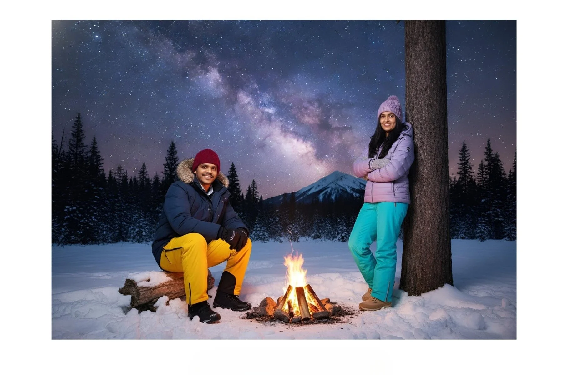 A man and woman in winter clothing sitting by a campfire in a snowy landscape at night, with a mountain and a starry sky, including the Milky Way, in the background.