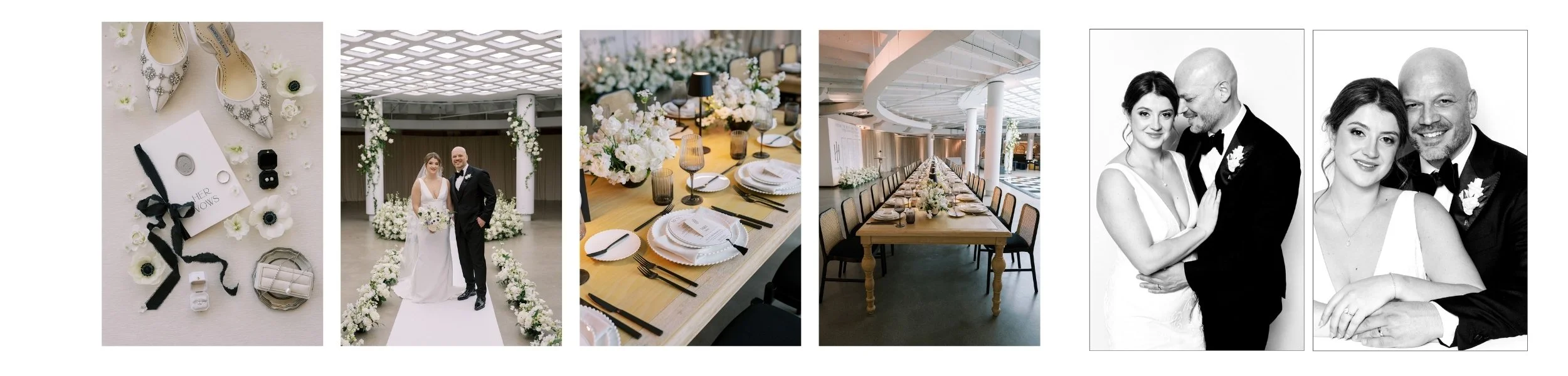 Wedding celebration with bridal accessories, bride and groom, decorated venue, and couple photos.
