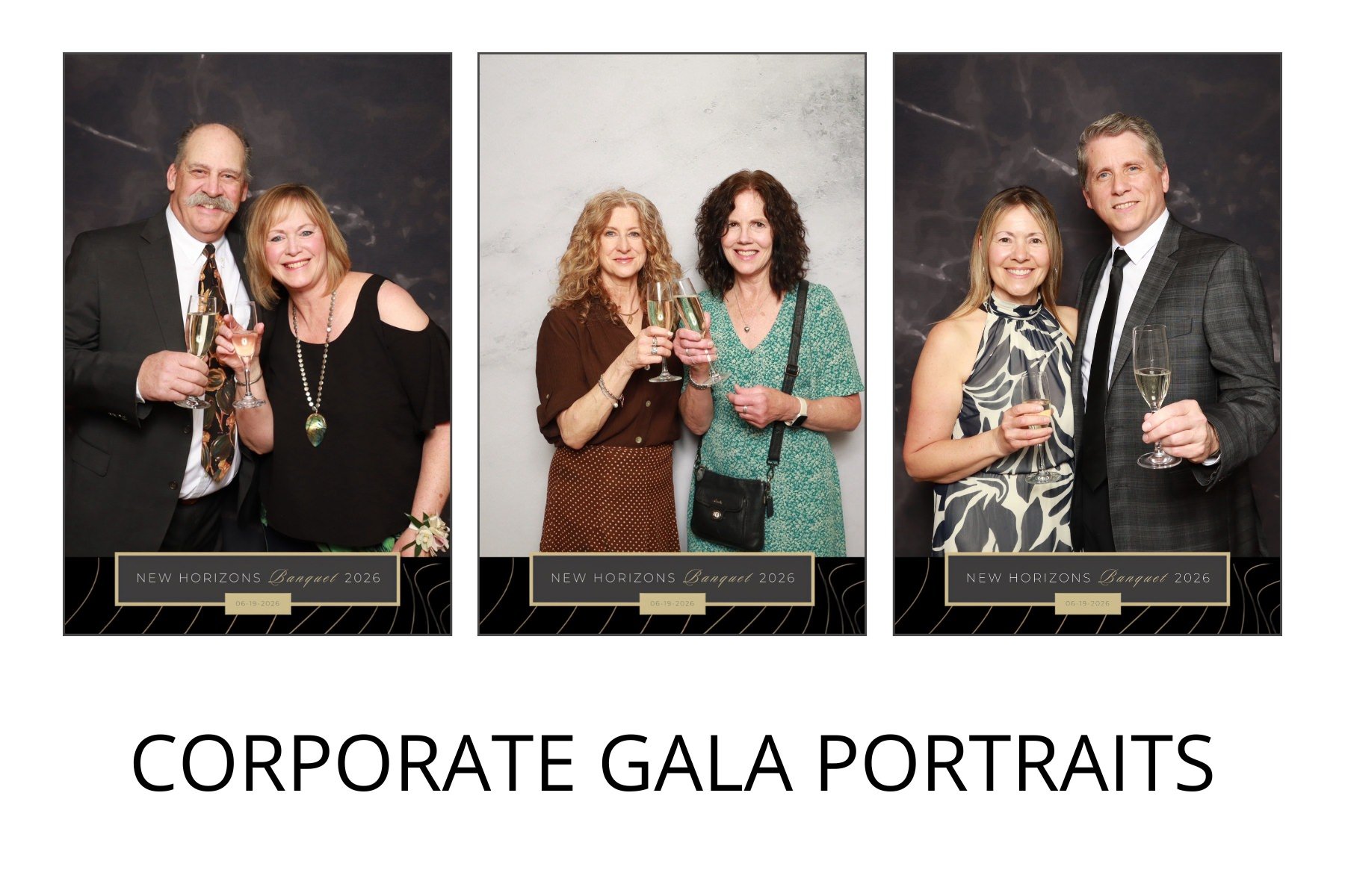 Three photo booth strips from a corporate gala event, each showing two people holding glasses of champagne and smiling. The event details at the bottom of each strip read 'New Horizons Banquet 2026, 06-19-2026.'
