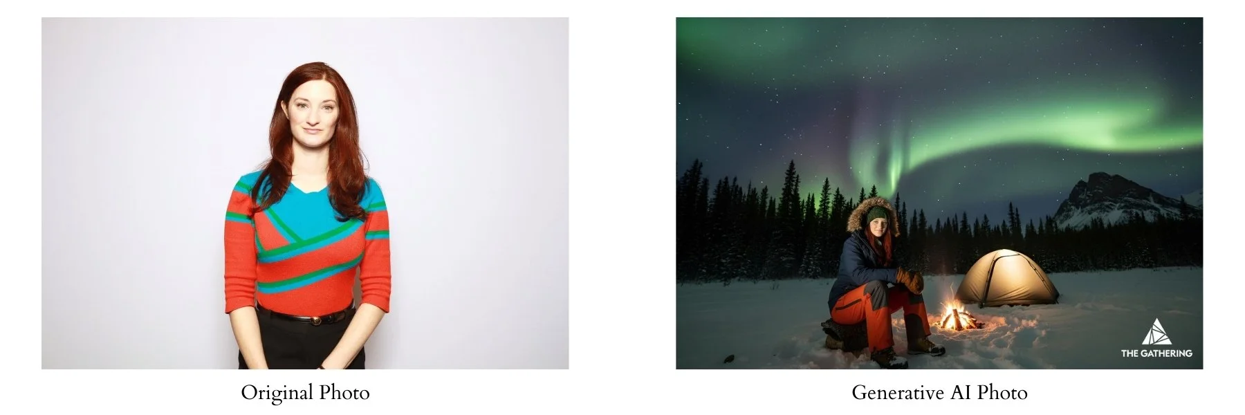 a generative ai photo booth inserts an attendee into a realistic scene under the northern lights