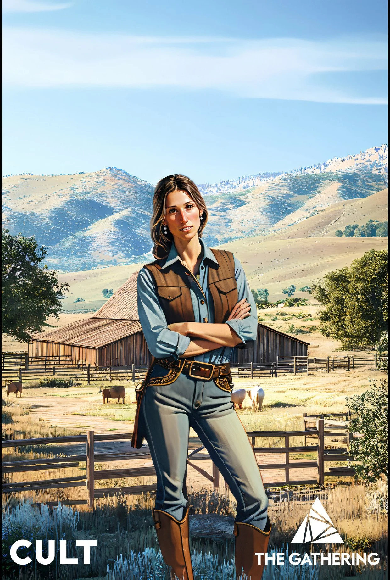 Digital illustration of a woman standing with crossed arms against a rural landscape background of mountains, barn, and cows, with text 'CULT' and 'THE GATHERING' at the bottom.