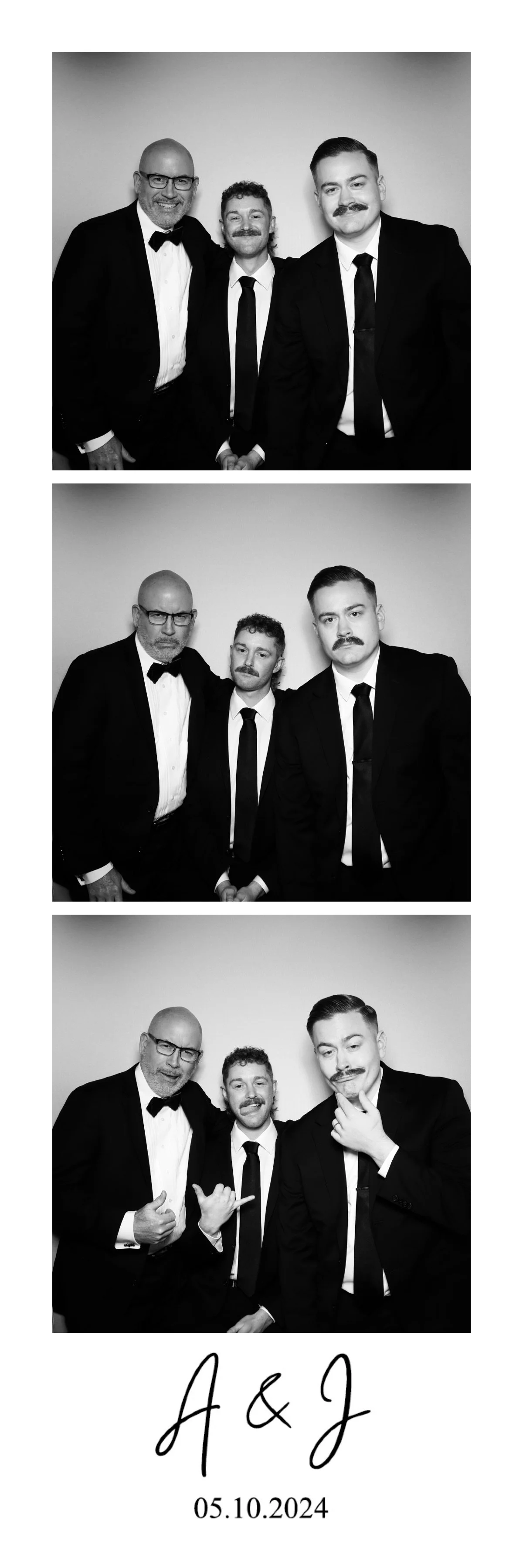Three men in tuxedos posing for a black-and-white photo booth session, with the bottom displaying initials and date
