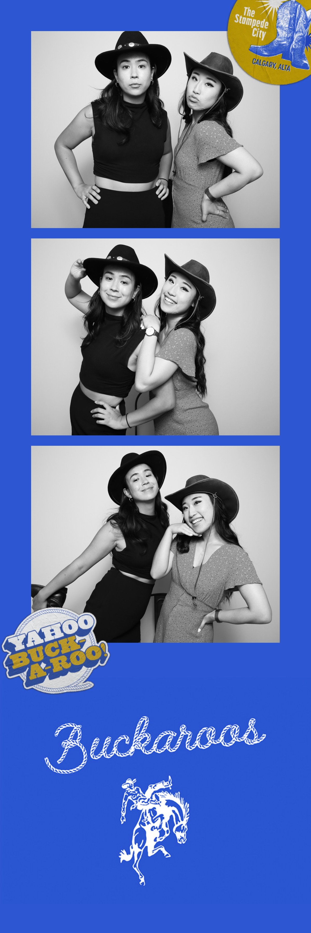 Three black and white photos of two women in cowboy hats, posing playfully against a backdrop with cowboy and ranching themes, including text like 'YAHOO BUCK-A-ROO!' and 'Buckaroas' with a bucking bronco graphic.