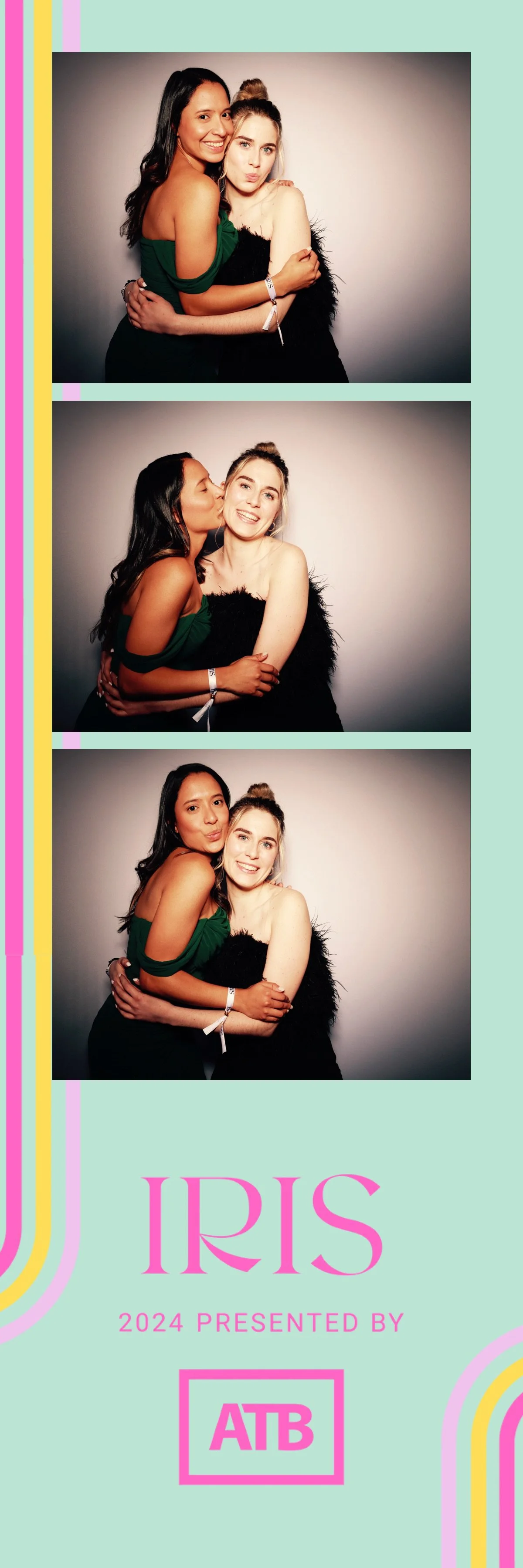 Photo booth strip with three images of two women smiling and hugging, one kissing the other on the cheek, at an event called Iris 2024 presented by ATB.