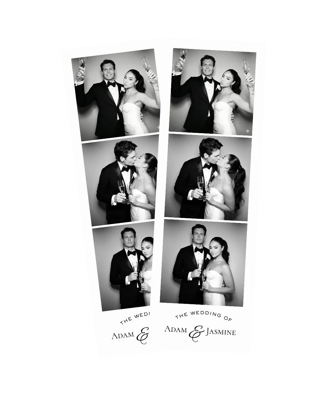 Black and white wedding photo booth pictures featuring a bride and groom in formal attire. The couple toasts, kisses, and stands together with champagne, with text at the bottom reading 'The Wedding of Adam & Jasmine'.