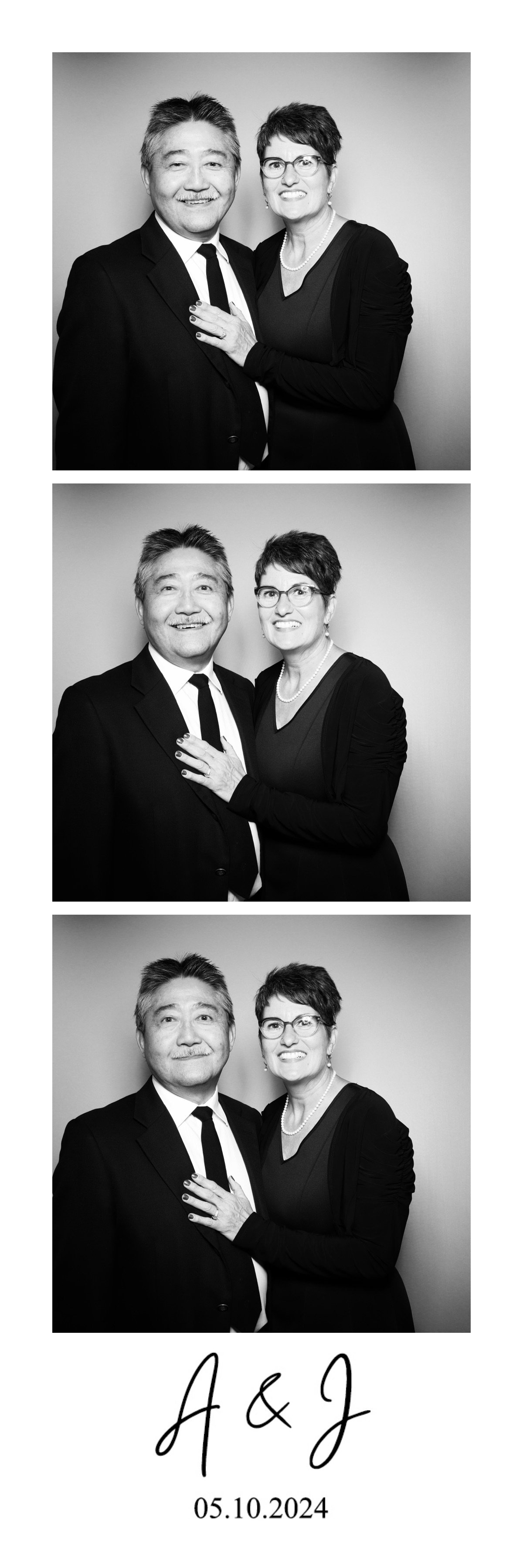 Black and white photo strip with three images of a smiling man with gray hair and a woman with short dark hair and glasses, both dressed in formal attire. The bottom of the strip shows initials "A & J" and the date "05.10.2024."