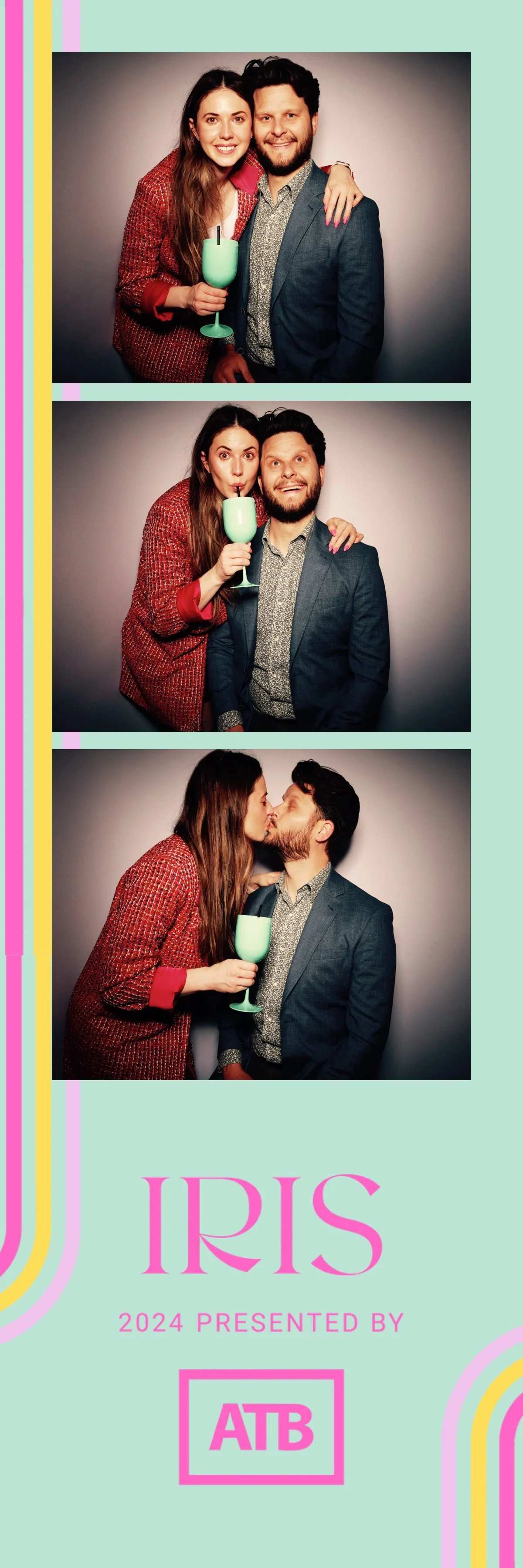 Three photos of a woman and a man in a photo booth, with pastel green backdrop; the woman has long brown hair and wears a red patterned blazer, while the man has dark hair and a beard, wearing a gray blazer and patterned shirt. In the first image, th