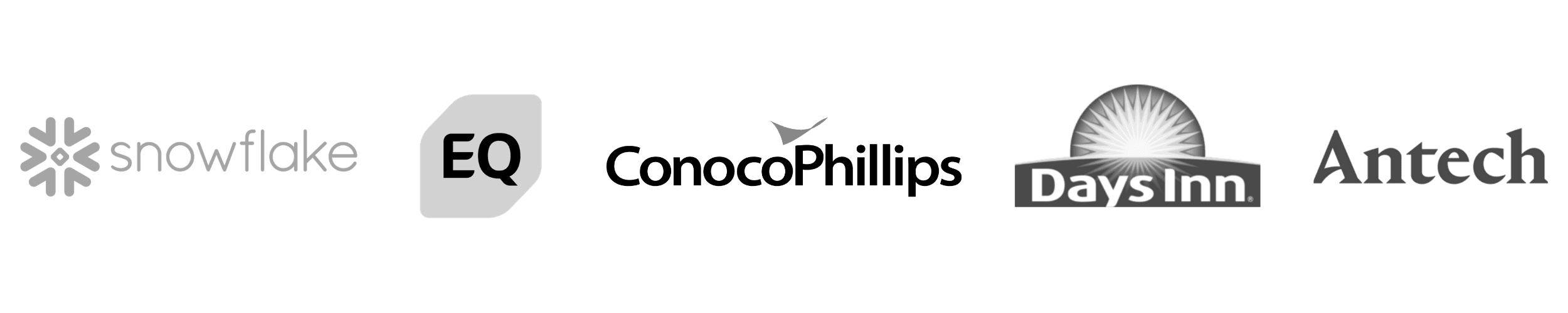 Collection of hotel and brand logos, including Snowflake, EQ, ConocoPhillips, Days Inn, and Antech.