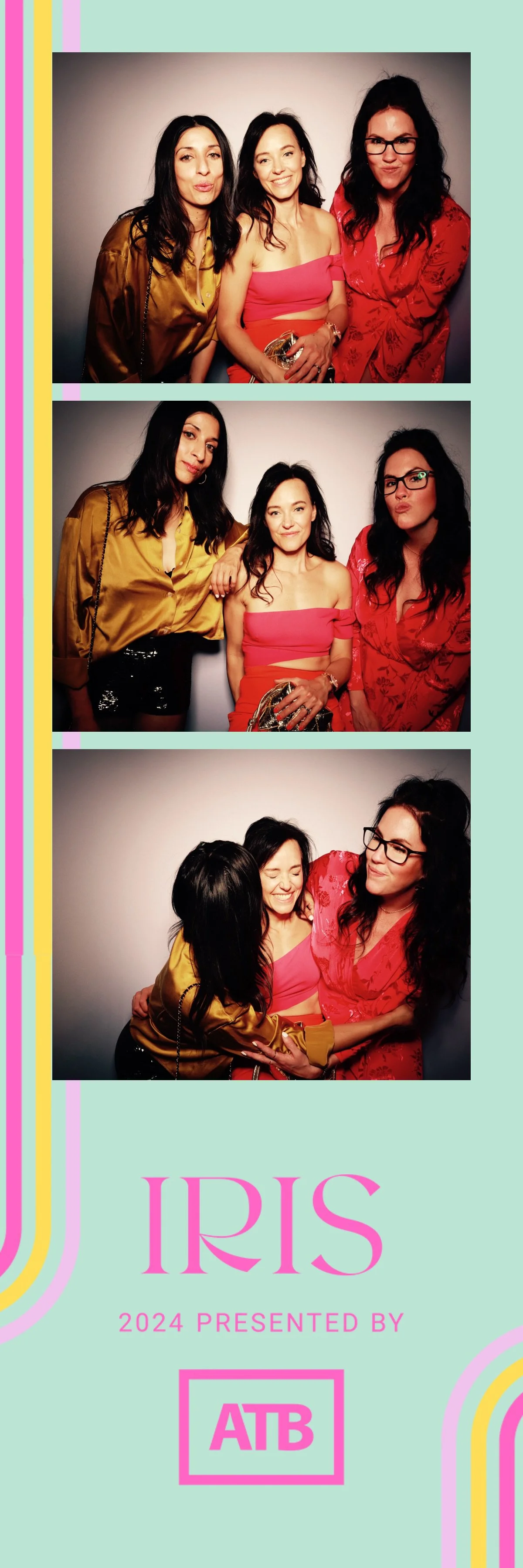 Three women at an event, with the middle woman in a pink off-the-shoulder top, the woman on the left in a satin gold blouse, and the woman on the right in a red floral dress with glasses, displaying different poses and expressions in front of a neutr