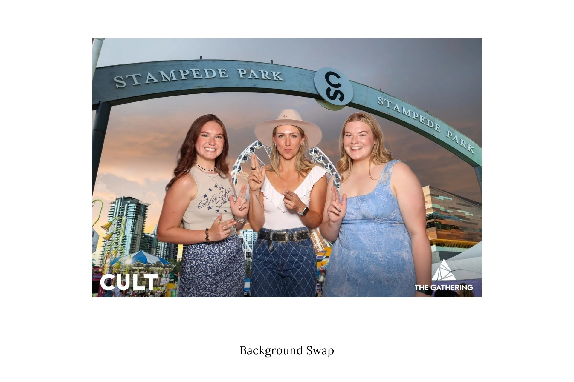 Guests pose in a photo booth with an AI generated backdrop