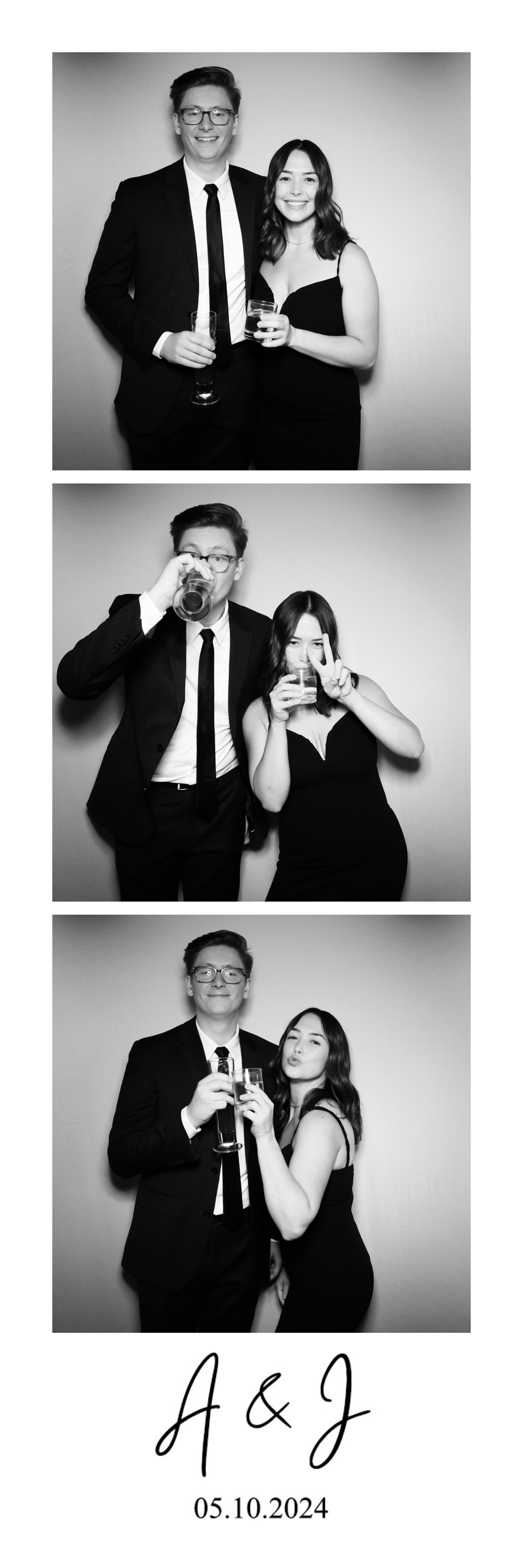 Black and white photo booth strip with three pictures of a young man and woman at a celebration, dressed formally, holding drinks, making funny faces, and posing affectionately. Text at the bottom reads 'A & J 05.10.2024'.