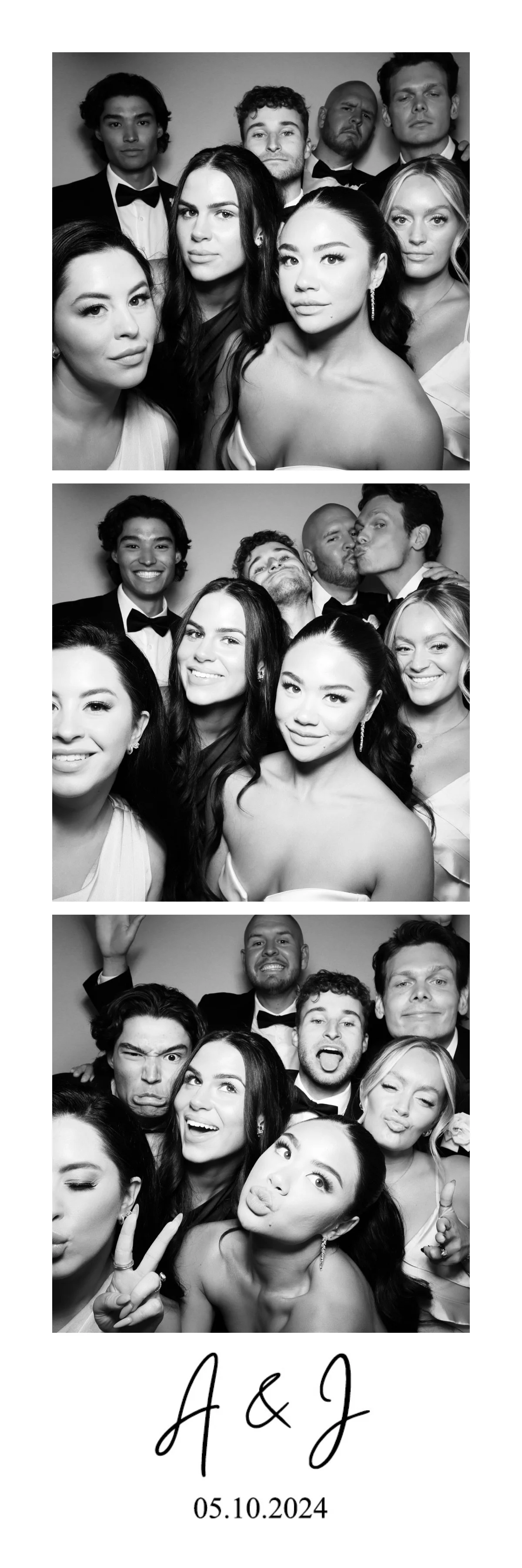 A photo booth strip showing three black-and-white photos of a group of people at a formal event. The first photo is a serious group portrait, the second is a smiling group shot, and the third features playful, expressive poses. The bottom of the stri