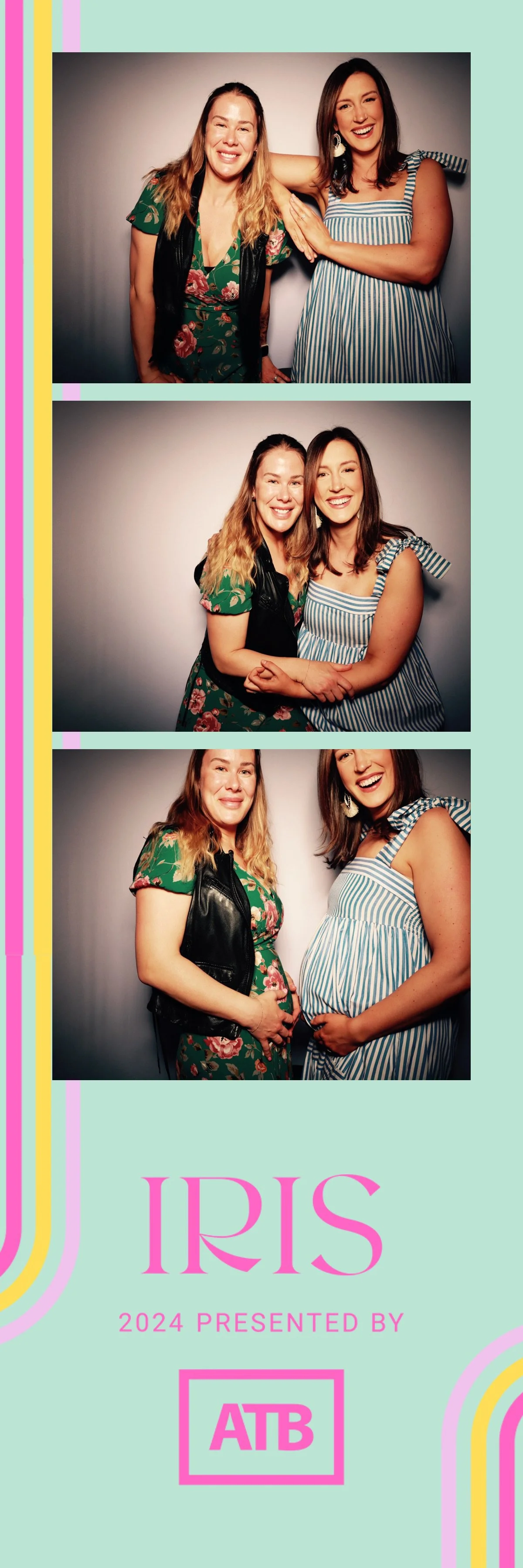 Three women smiling and posing together in a photo booth, with one woman wearing a floral dress and black vest, another in a striped dress, and the third in a floral dress with a black vest, at an event called Iris presented by ATB.