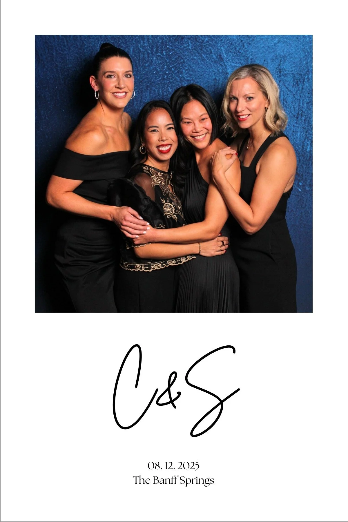 a print layout from a wedding studio photo booth, featuring four women posing together