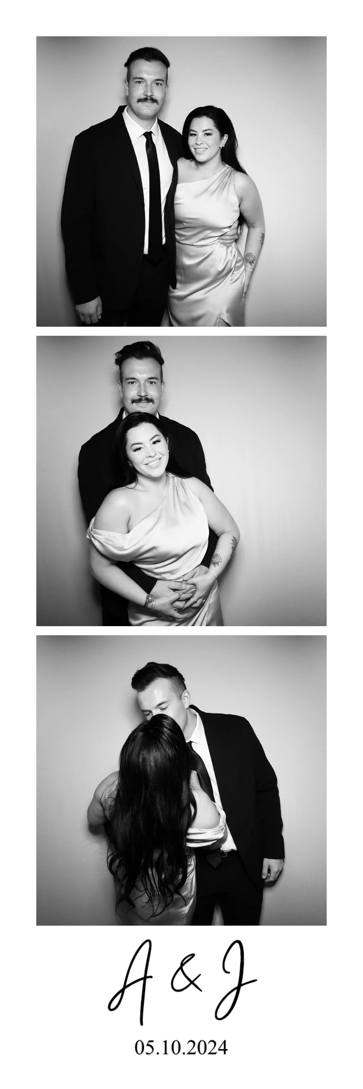 Three black and white photos of a couple with the woman wearing a satin dress and the man in a suit. The top photo shows the couple standing side by side, smiling at the camera. The middle photo depicts the woman in front, smiling with the man behind