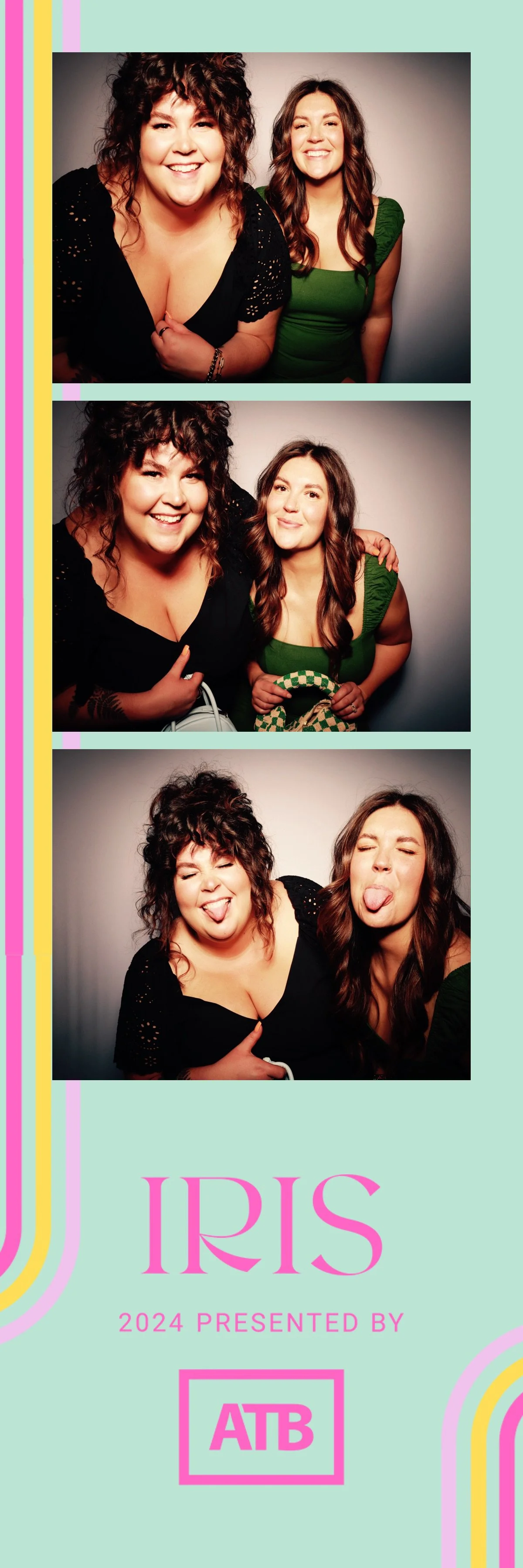 Photo booth strip featuring three images of two women making funny faces and smiling together against a gray background. The bottom of the strip displays the text 'IRIS 2024 PRESENTED BY ATB' in pink and purple fonts on a pastel mint background.