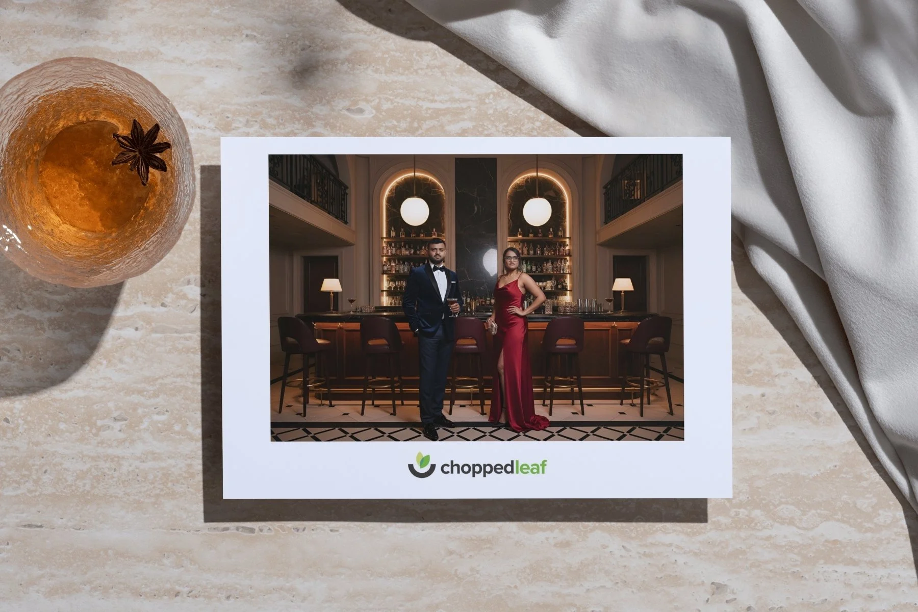 A framed photograph of a man in a black tuxedo and a woman in a red evening gown standing at a bar with modern lighting and decor. The photo is placed on a light-colored marble surface next to a glass of brownish drink with a star anise. The frame ha