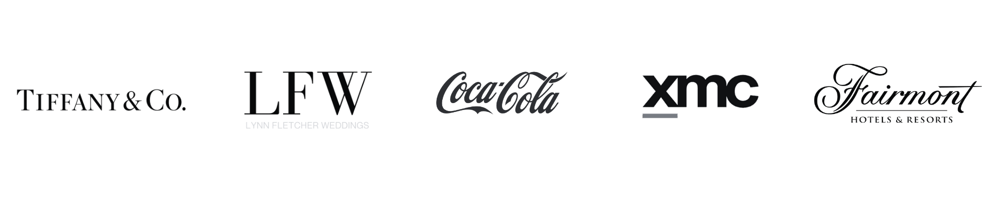 A row of corporate client and event partner logos featuring Tiffany & Co., LFW Lynn Fletcher Weddings, Coca-Cola, XMC, and Fairmont Hotels & Resorts.