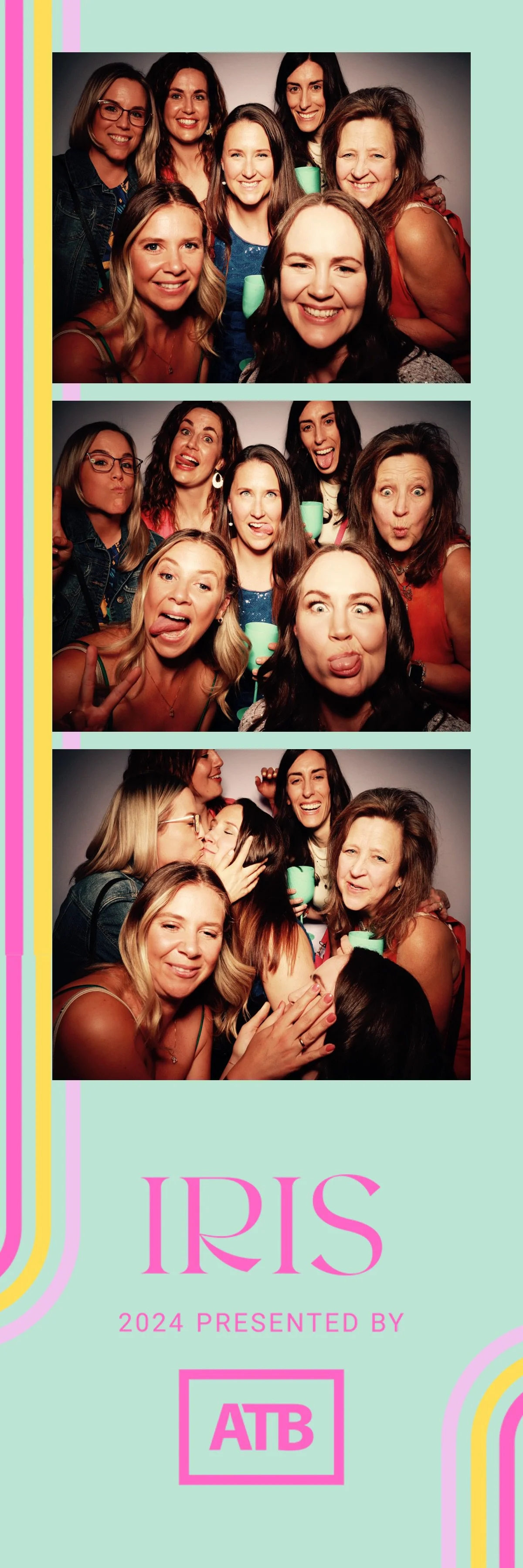 Three photo booth strips featuring a group of women at an event, displaying variety of facial expressions and gestures, with a pastel background and event branding.