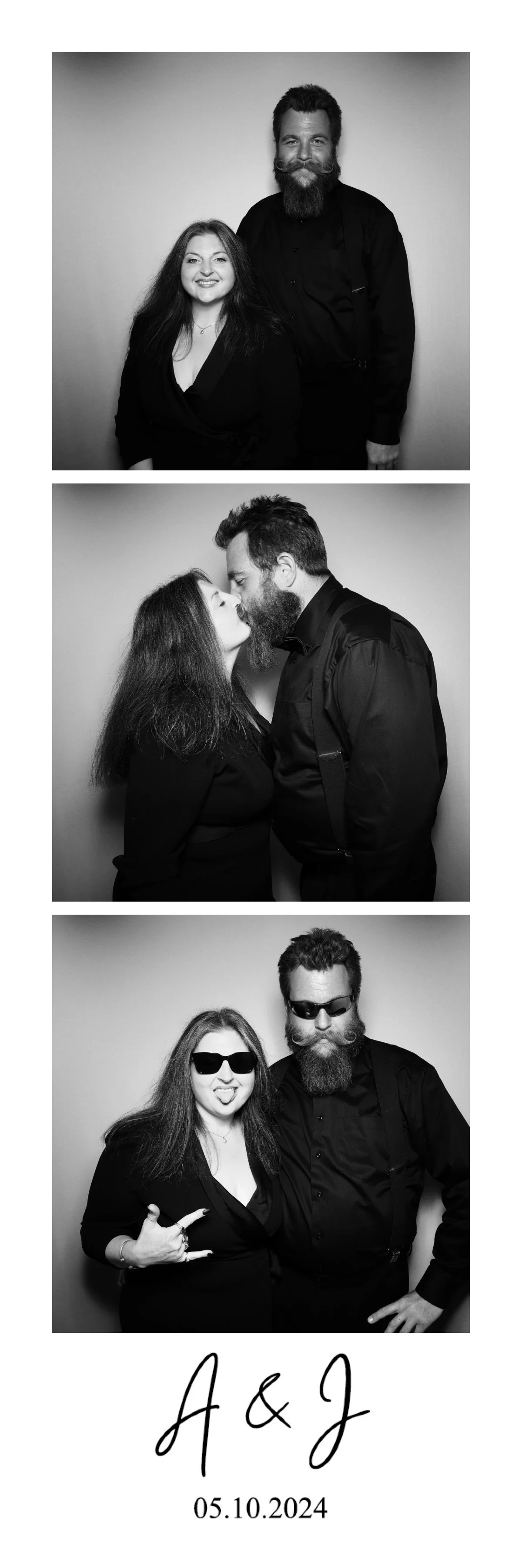 A collage of three black-and-white photographs of a couple with a neutral background. In the first photo, they are smiling at the camera; in the second, they are kissing; in the third, they are wearing sunglasses and making rock and roll gestures. Th