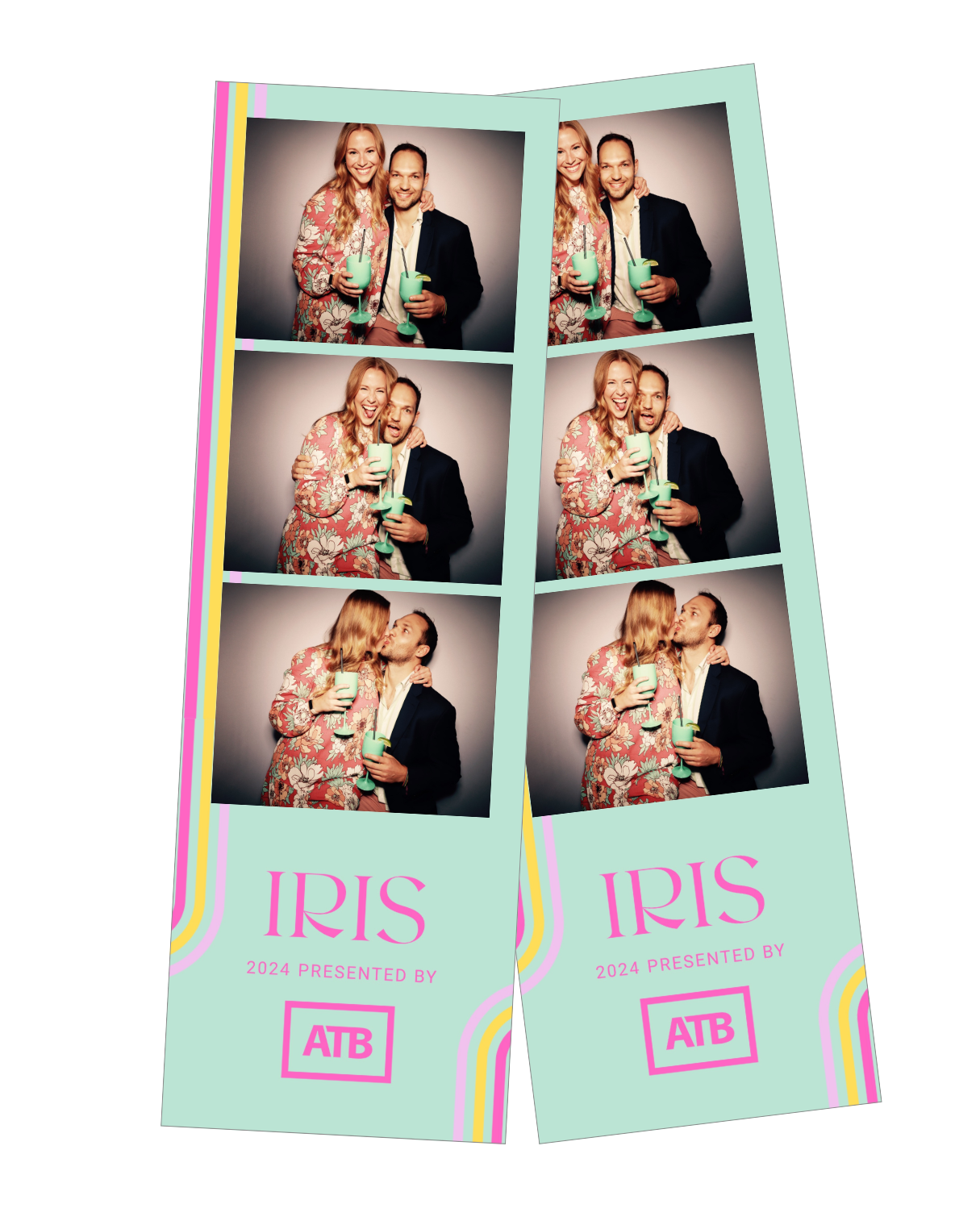 Photo booth strips showing a smiling woman and a man holding drinks, then kissing. The strips are labeled 'IRIS 2024 PRESENTED BY ATB' with colorful rainbow stripes.