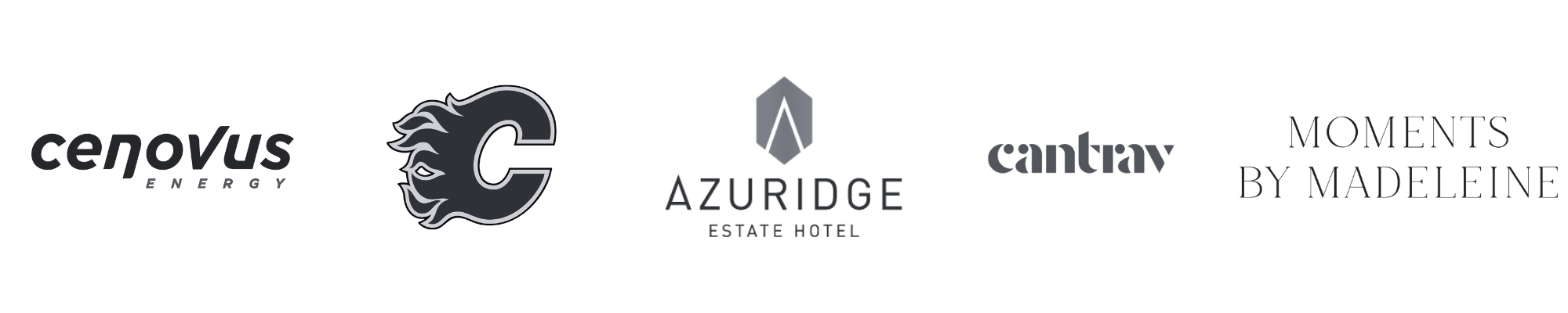 A row of corporate client and event partner logos Cenovus Energy, Calgary Flames, Azuridge Estate Hotel, Cantrav, and Moments By Madeline.