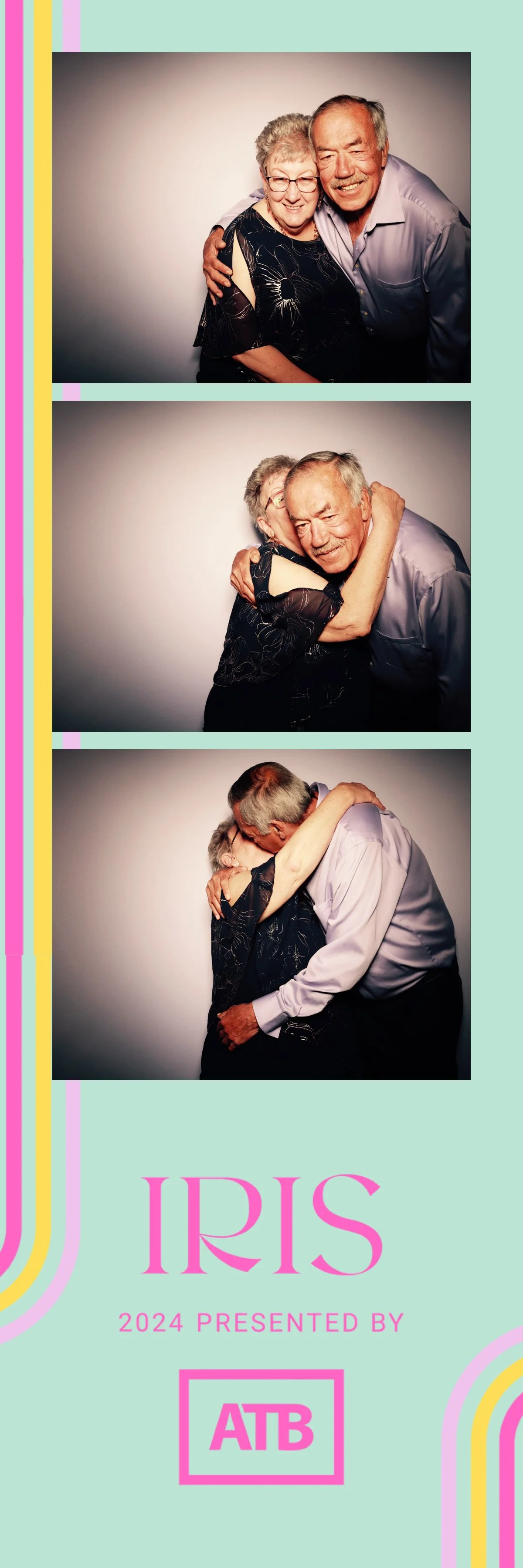 Sequence of three photos of an elderly couple embracing and kissing against a neutral gray background. The woman has short gray hair, glasses, and is wearing a black dress with floral patterns. The man has short gray hair and a beard, wearing a light