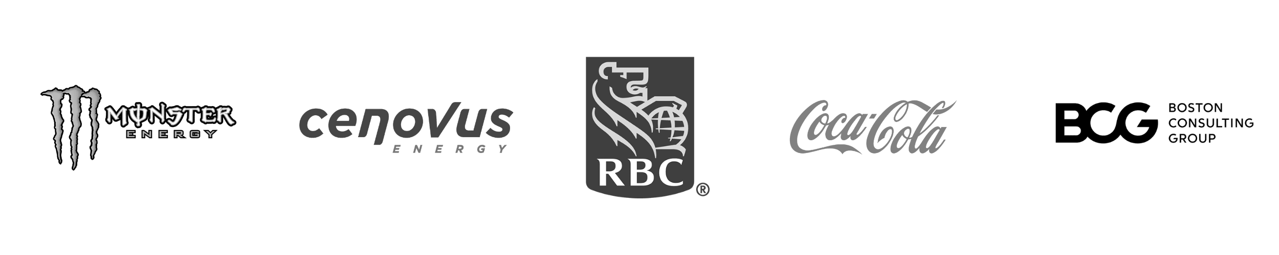 Logos of Monster Energy, Cenovus Energy, RBC, Coca-Cola, and Boston Consulting Group on a black background.