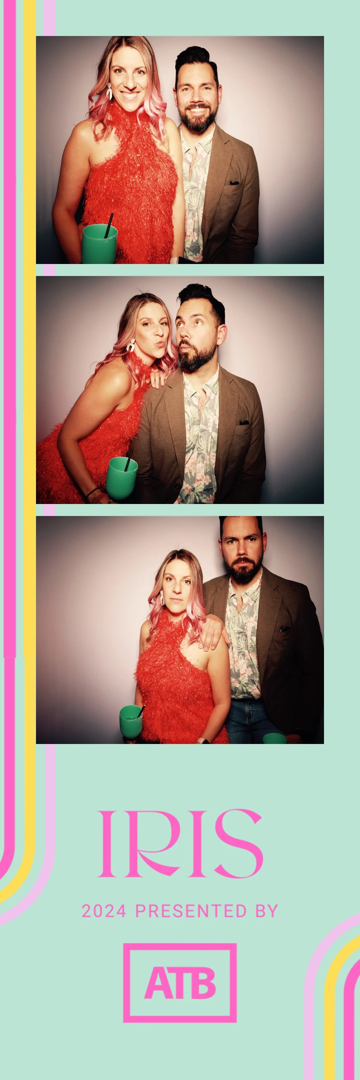 Three photo booth pictures featuring a woman with pink hair and a man with dark hair and beard, both wearing a red fuzzy top and holding a large green cup with a straw. In the first photo, they are smiling at the camera; in the second, they are makin