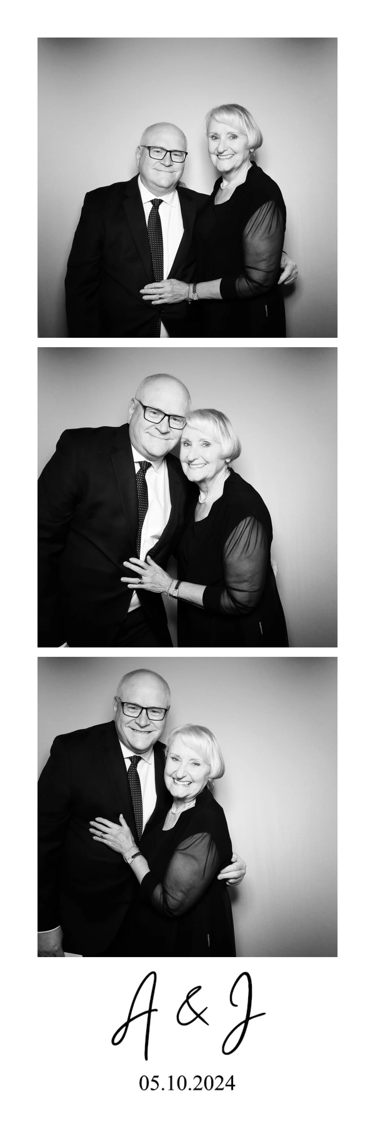 Three black and white photos of an older man and woman smiling and embracing each other. The man is bald with glasses, wearing a suit and tie. The woman has short, light-colored hair and is wearing a dark dress with sheer sleeves. The photos are arra