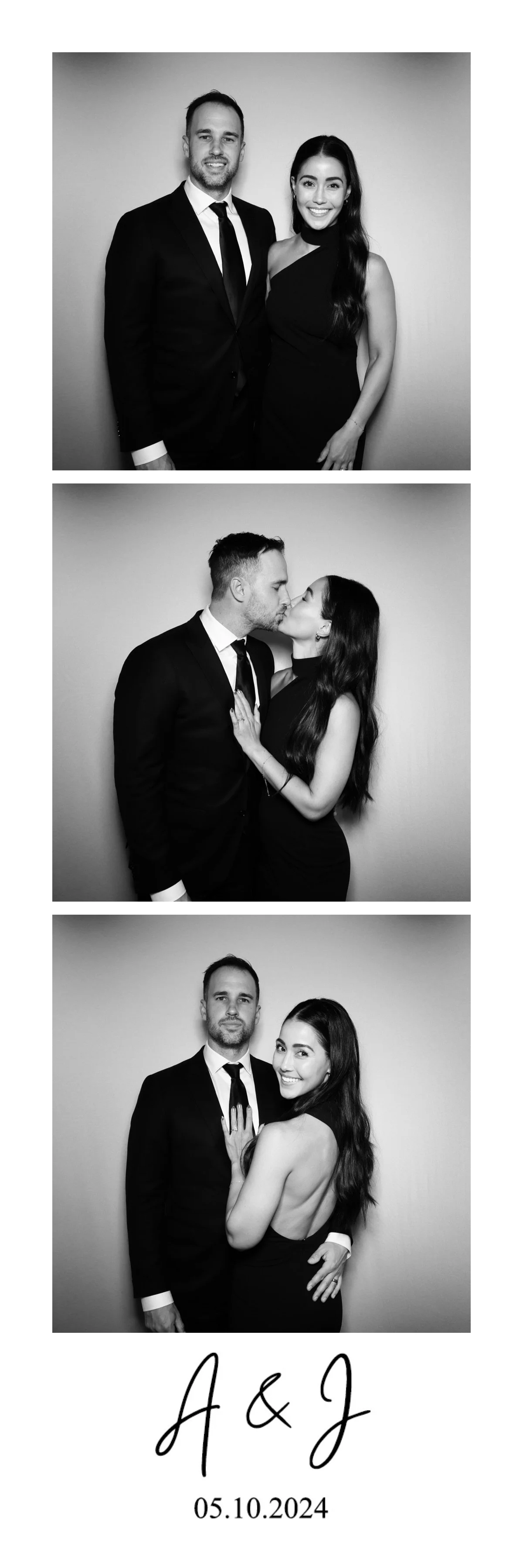 Three black and white photos of a couple in formal attire, with the woman in a sleeveless black dress and the man in a suit and tie. The first photo shows them standing together smiling. The second photo shows them kissing, and the third shows them p