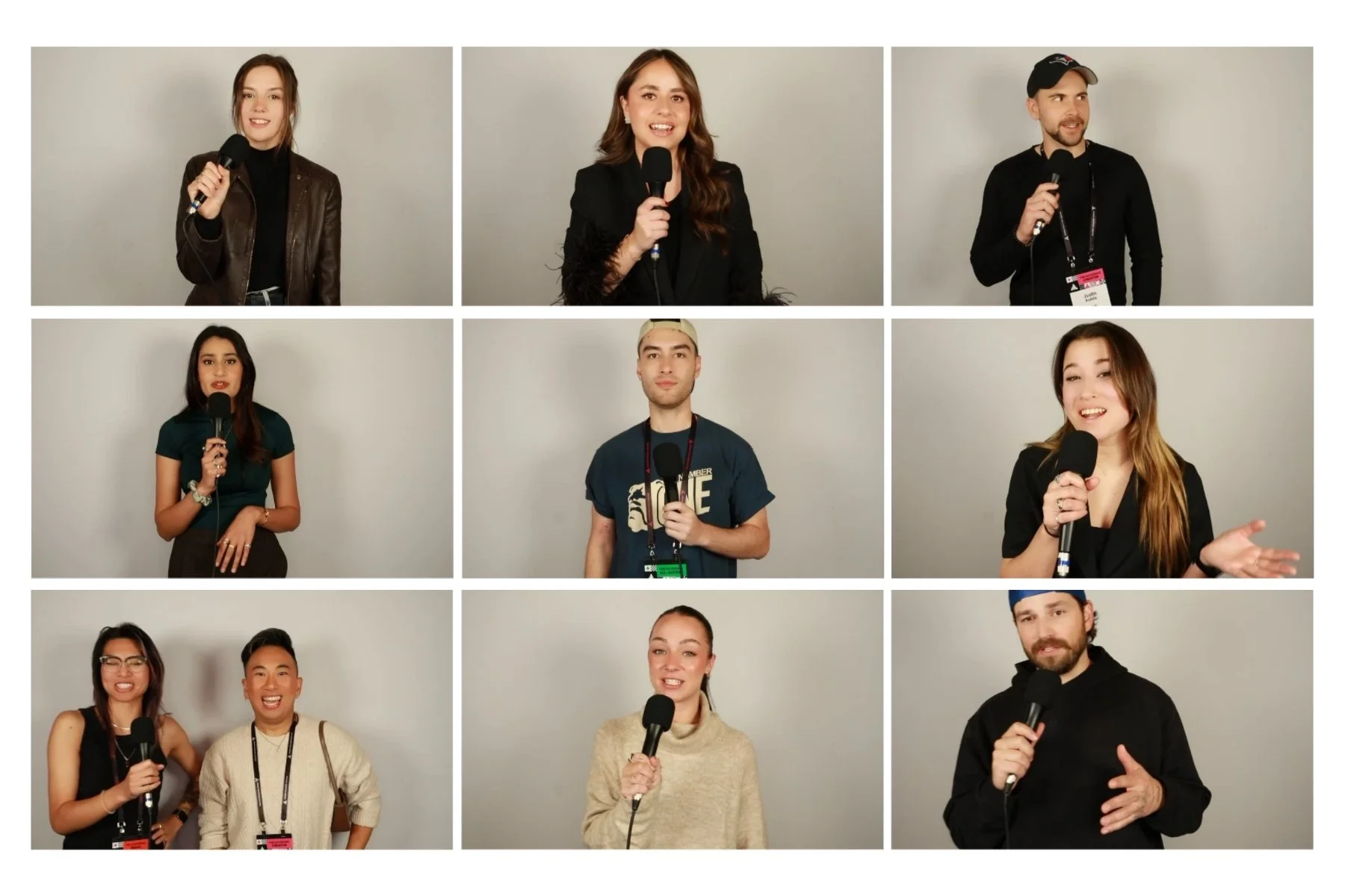Collage of nine diverse individuals holding microphones, posing for photos against a neutral background, appearing to be at an event or interview.