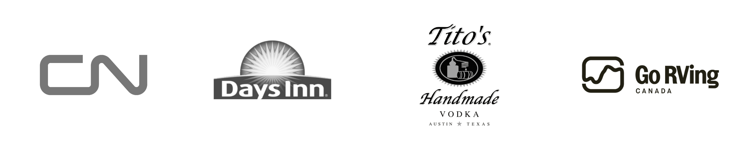 Black background with four logos: CNN, Days Inn, Tito's Handmade Vodka, and Go RVing Canada.