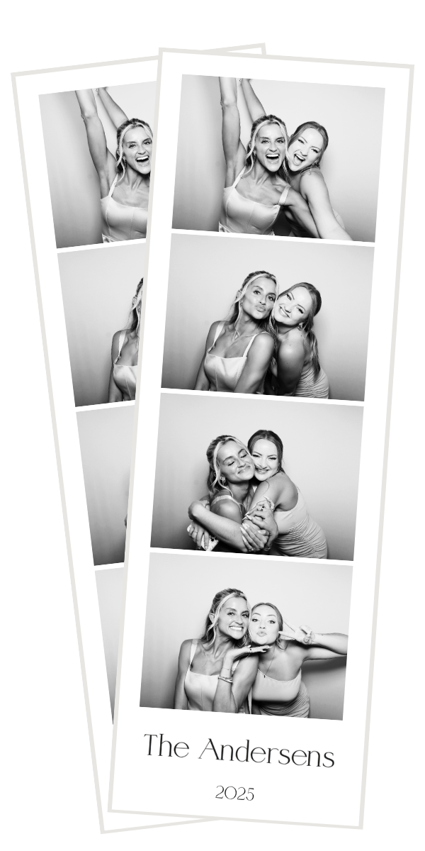 Black-and-white photo booth strip featuring two women making playful expressions and hugging, with their names 'The Andersens' and the year '2025' at the bottom.