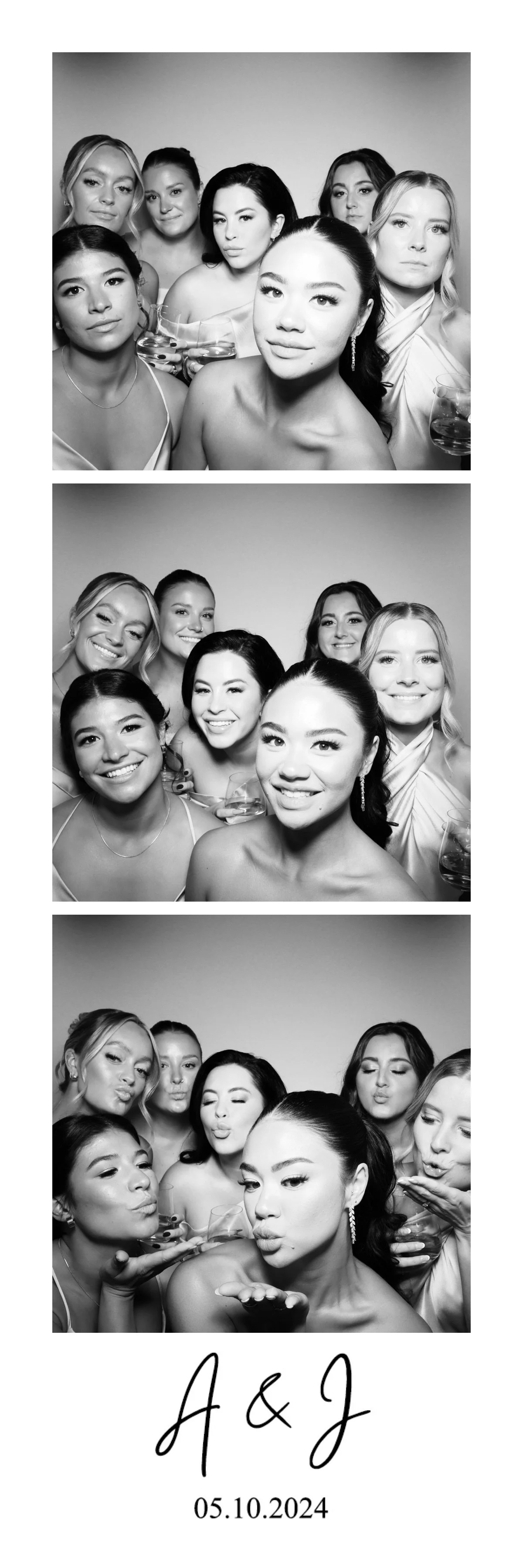 Set of three black and white photo booth strips showing six women posing and blowing kisses, with the bottom strip including a date 05.10.2024 and initials A & J.