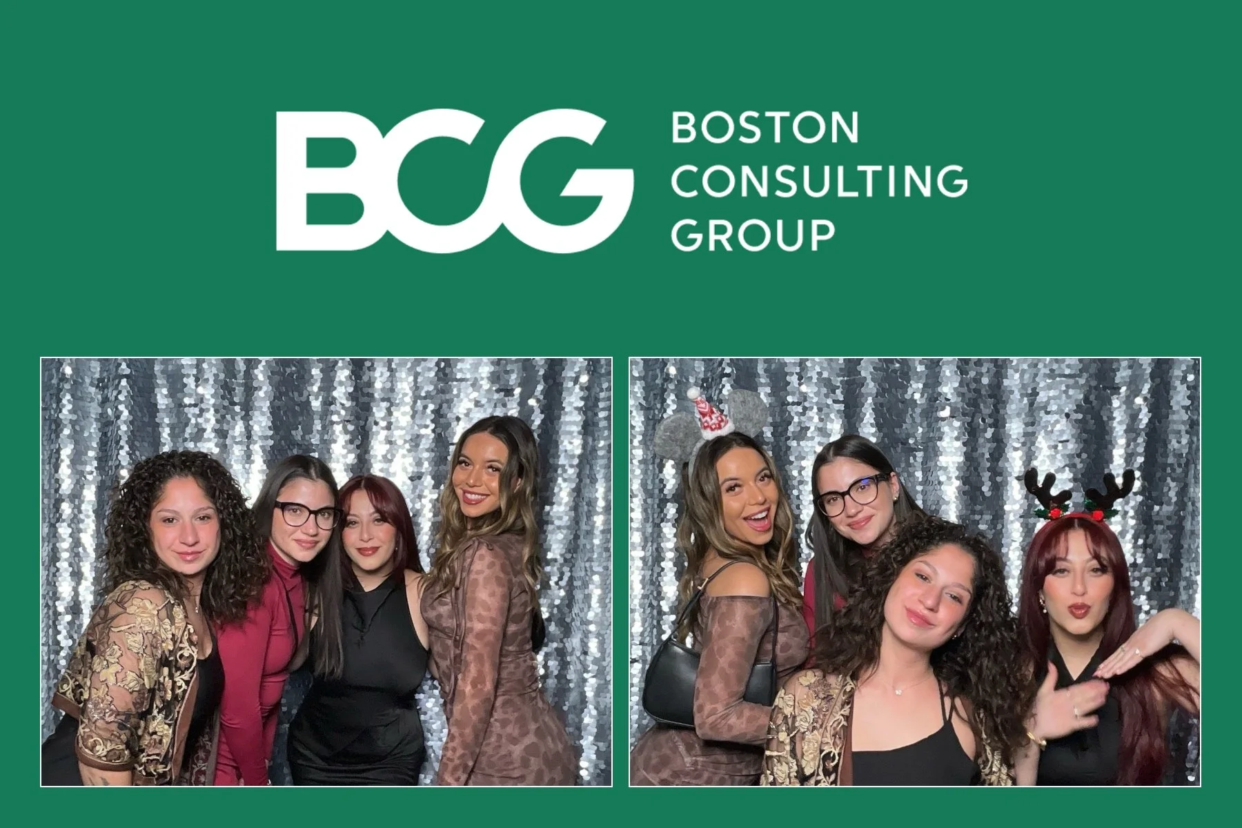 Group of women at a festive photo booth with a silver sequin backdrop, some wearing Christmas accessories like reindeer antlers and holiday headbands.