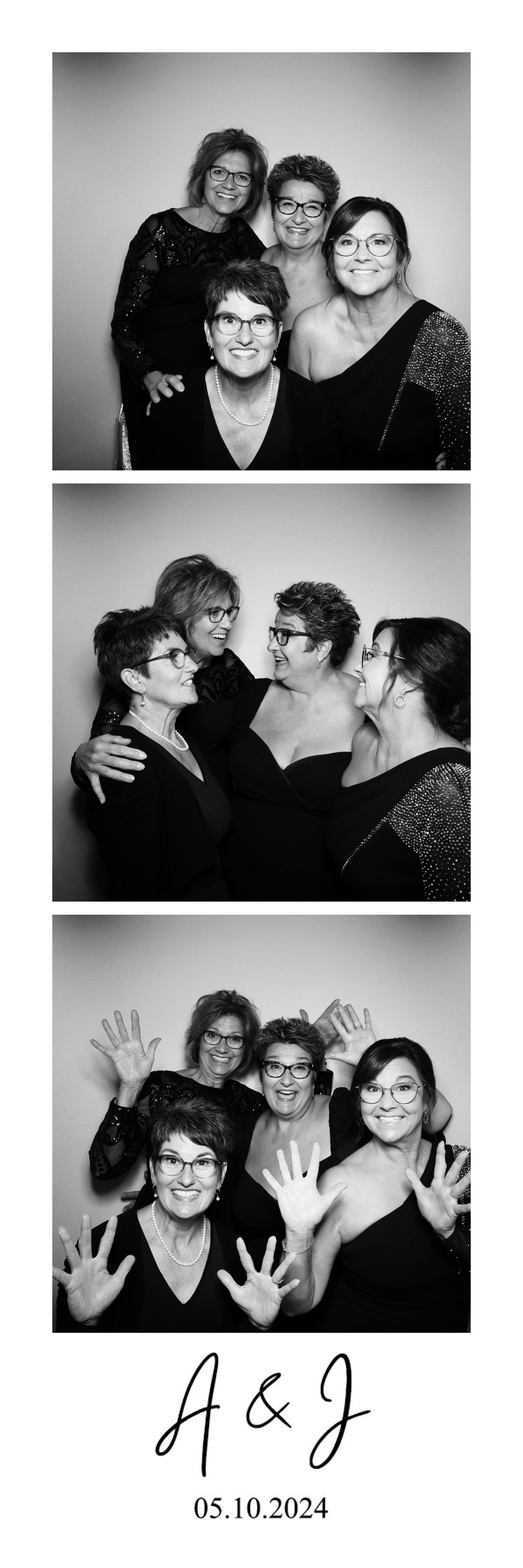 Three photo booth images of five women celebrating, dressed in elegant black attire, in front of a plain background. The first image shows the women smiling at the camera. The second image captures them laughing and embracing each other. The third im
