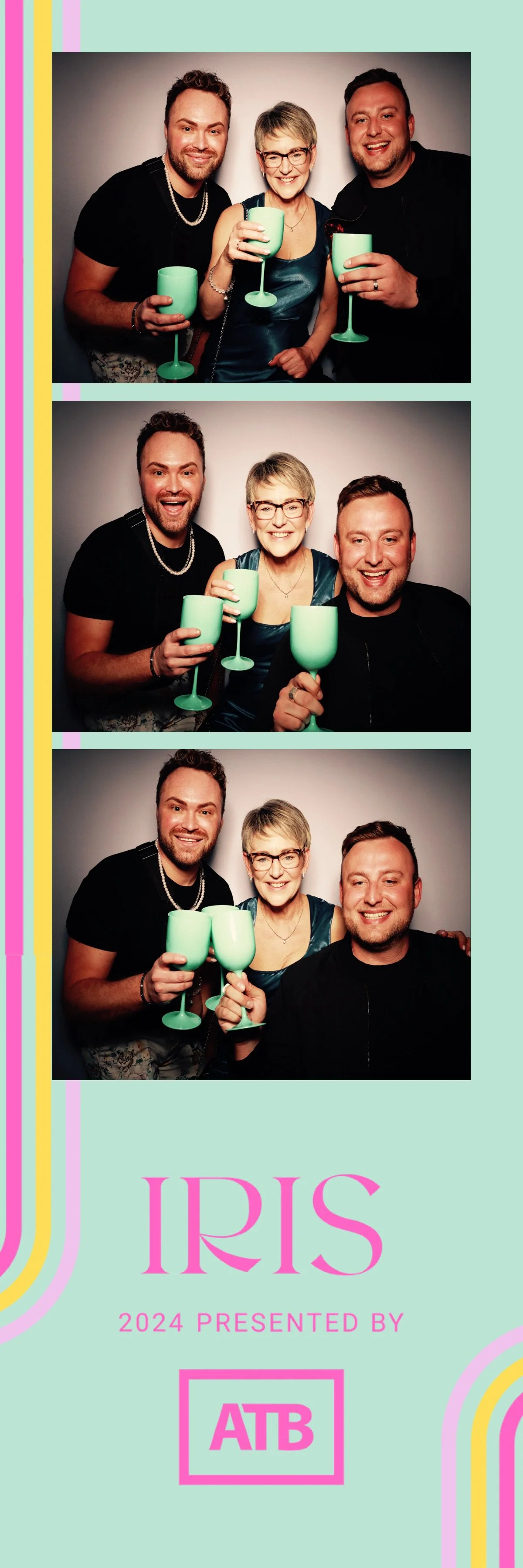 Photo booth strip with three images showing two men and one woman smiling and holding green glasses in front of a plain background, with event text "IRIS 2024 Presented by ATB" at the bottom.
