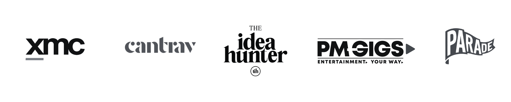 Logos of several entertainment venues displayed on a green background, including XMC, Cantarav, The Idea Hunter, P M G S, and Parade.