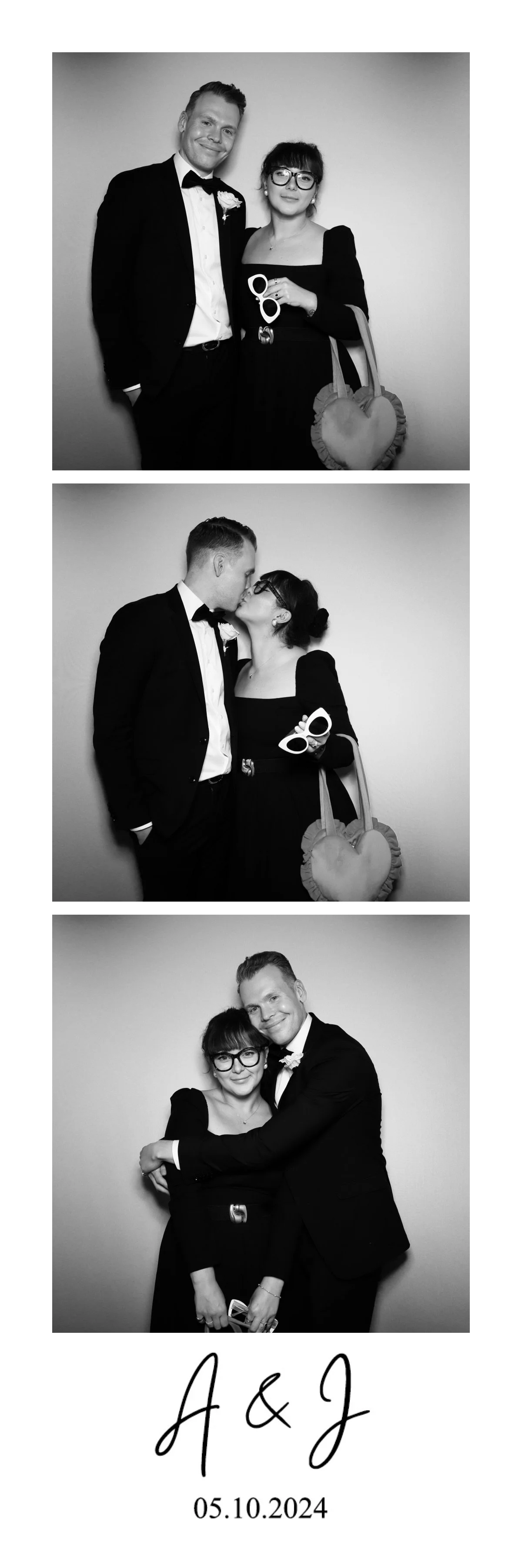 Three black and white photos of a couple at a formal event. In the first photo, the man is in a tuxedo and the woman is in a black dress with large glasses, holding novelty glasses and a heart-shaped purse. In the second photo, they are about to kiss