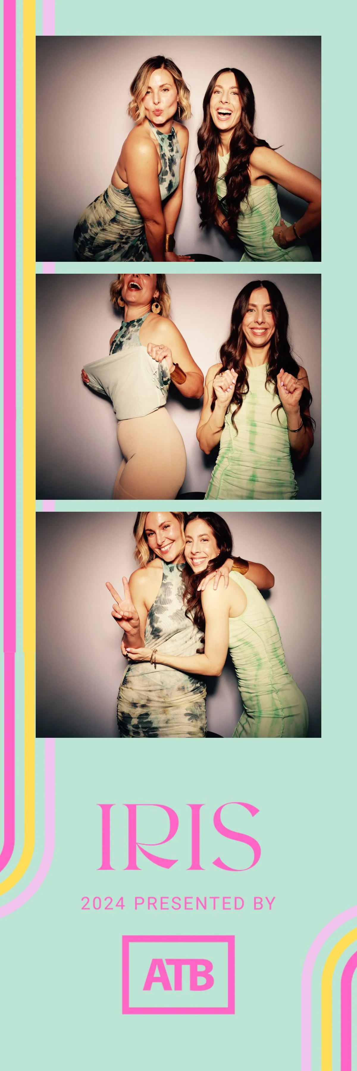 Three women taking playful photos in a photo booth, with the words "IRIS 2024 Presented by ATB" on the bottom of the image.