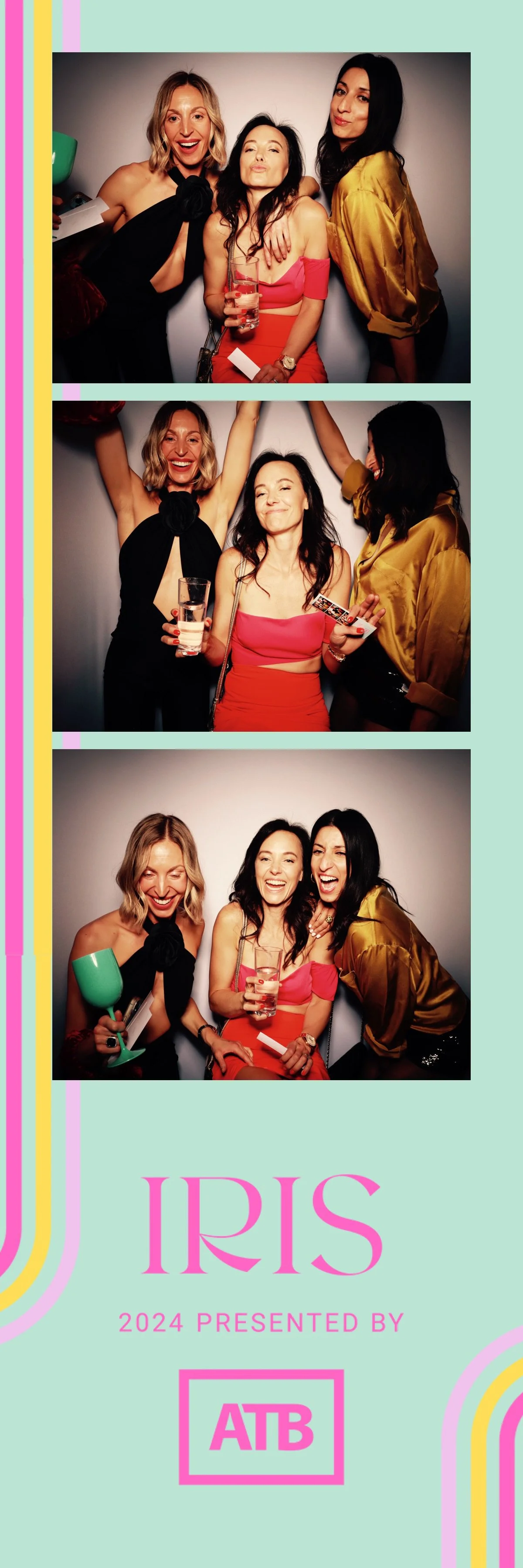 Three women having fun in a photo booth at an event called IRIS 2024 presented by ATB, with three different poses showing smiles, laughter, and joy.