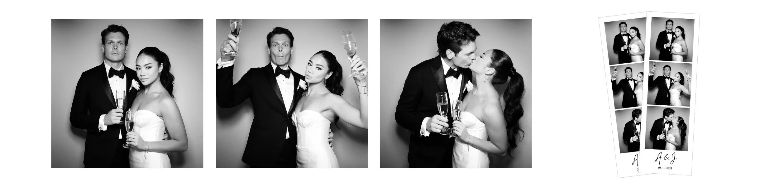 Black and white photos of a bride and groom in tuxedo and wedding dress, holding champagne glasses, kissing, and taking photos together, with a wedding date in the corner.