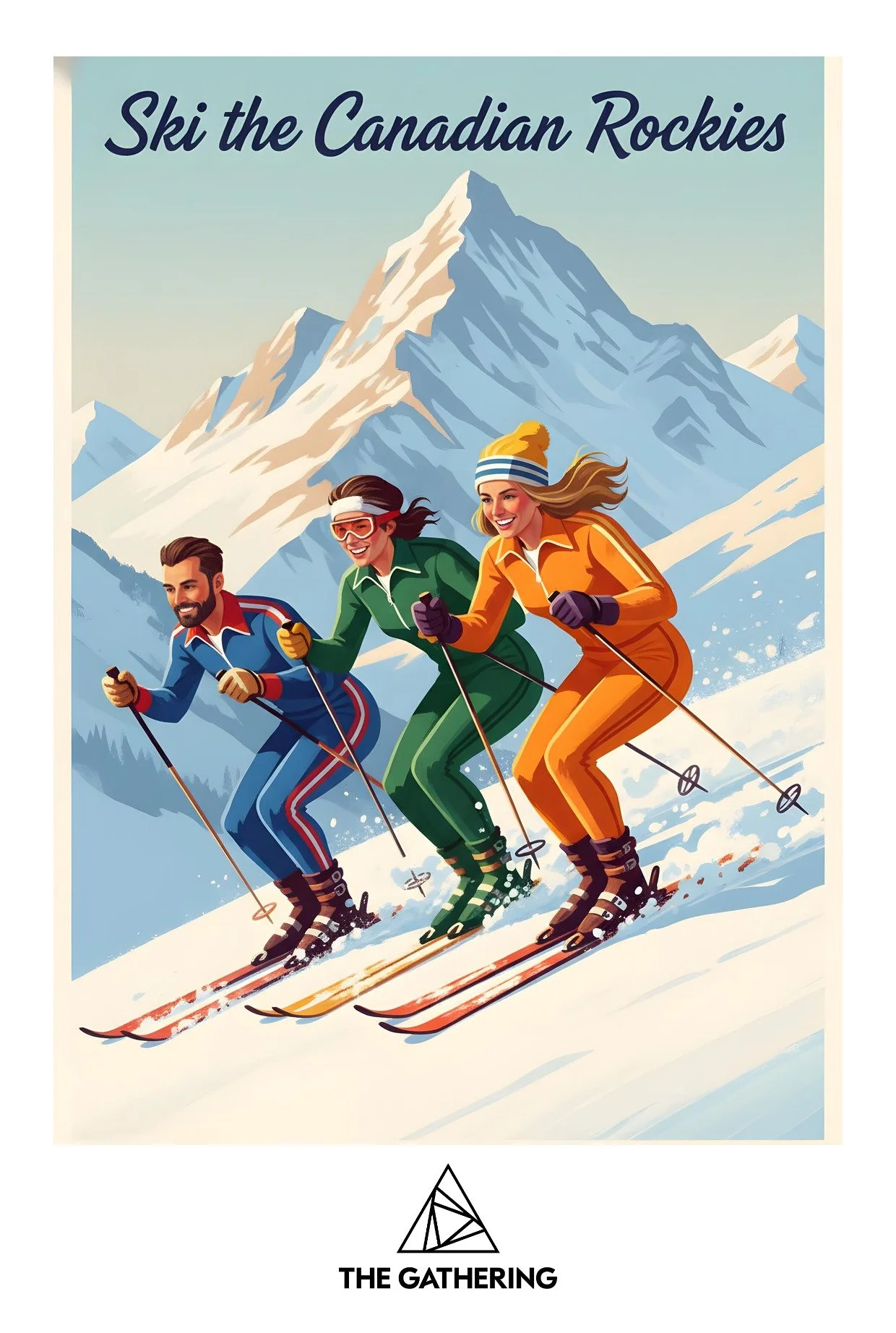 Illustration of three people skiing down a snowy mountain with the text ‘Ski the Canadian Rockies’ at the top, and a mountain range in the background, under a clear sky.