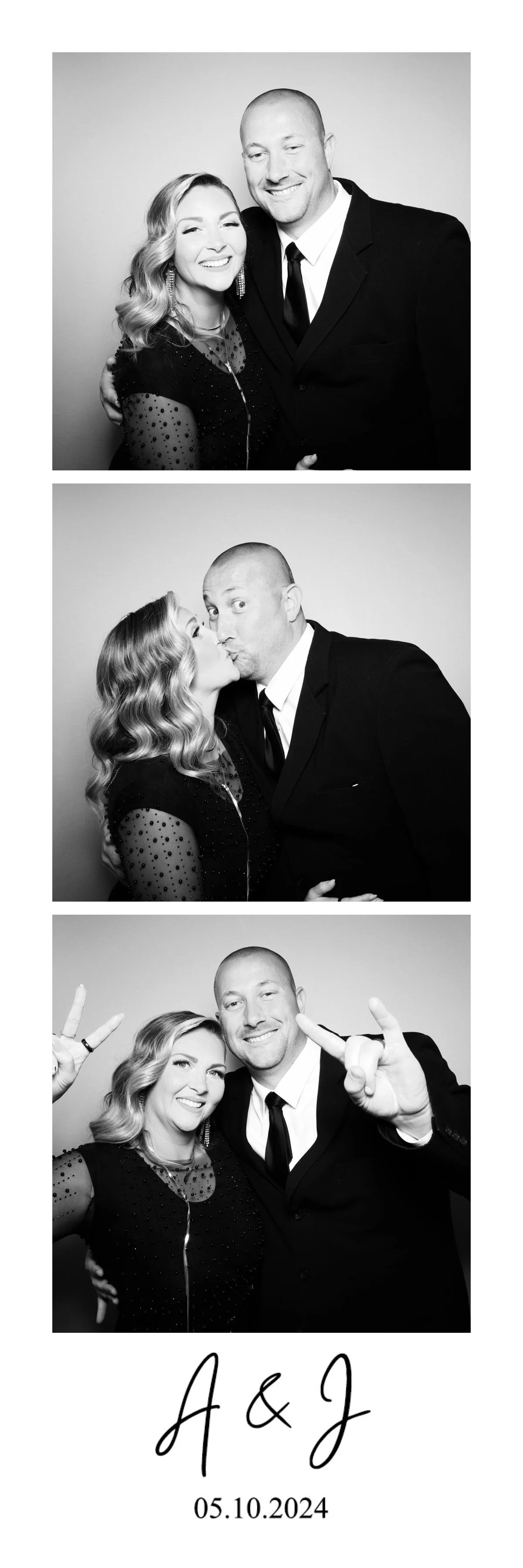 A three-panel black and white photo strip featuring a man and woman. In the first panel, they are smiling and posing together, with the woman in a polka-dot dress and the man in a suit. In the second panel, they are kissing. In the third panel, they 